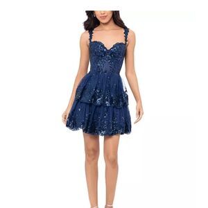Michelle Corset Sequin Applique Ruffle Dress in Navy Blue NWOT